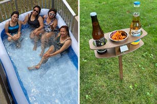 four friends enjoying an inflatable pool; a stake table in a yard with snacks and drinks