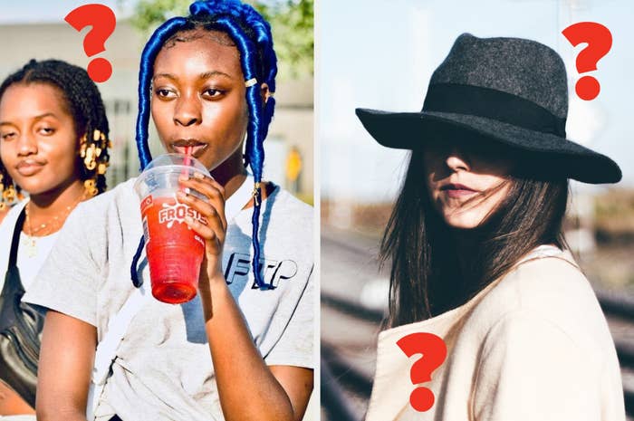 Two women with question marks above their heads, one sipping a drink, other in a hat, expressing uncertainty