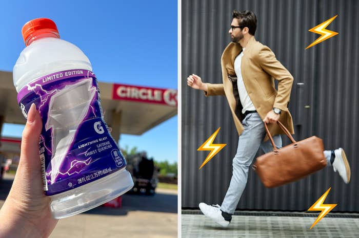 Person holding a limited edition sports drink outside a store; stylish man with a leather bag mid-step, graphics suggesting energy