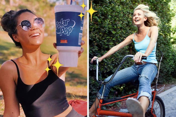 Woman posing with a drink cup; another woman joyfully riding a bicycle