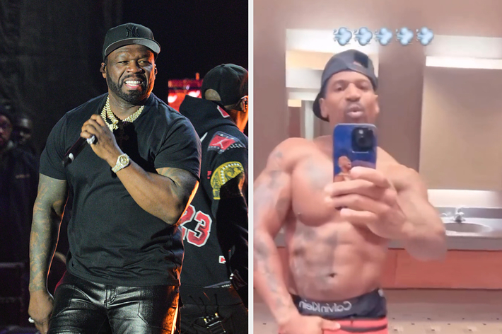 Two images: Left shows 50 Cent performing onstage. Right is a selfie of 50 Cent showcasing physical fitness in a mirror