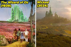 Split-screen image comparing Emerald City scenes from "The Wizard of Oz" (1939) and "Wicked" (2024)