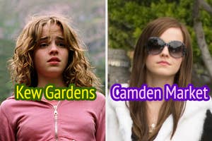 Two side-by-side photos of actress Emma Watson in casual attire with text "Kew Gardens" over the "Harry Potter" photo and "Camden Market" over the "Bling Ring" photo.