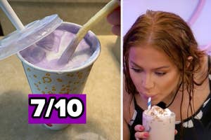 Person sipping a milkshake with a 7/10 rating, and a hand stirring a similar milkshake