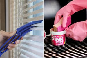 Left: blinds duster, Right: The Pink Stuff Cleaning Paste on dirty grill