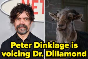 Peter Dinklage photographed at an event; side-by-side with an animated goat character Dr. Dillamond with text announcing his voice role