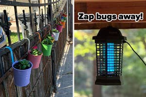 Hanging flower pots on a fence; electric bug zapper illuminated outdoors