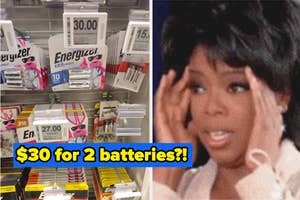 Split image: left shows batteries with price tags, right shows Oprah Winfrey's shocked expression