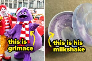 Ronald McDonald and Grimace in a parade, split image with a purple milkshake labeled "this is his milkshake."