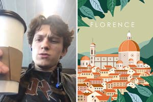 A split image: left side shows Tom Holland holding a coffee cup, right side is an illustration of Florence with text