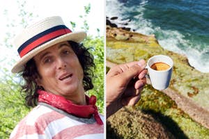 Will Arnet wearing a striped hat and scarf smiles, split image with a hand holding a cup of coffee near the sea
