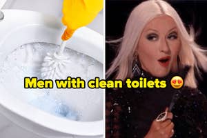 "Men with clean toilets" over a toilet being scrubbed and excited christina aguilera
