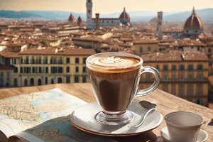 Coffee sitting on a map on a balcony with Florence Italy in the background