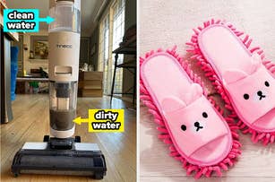 Left: Tineco 2-in-1 cordless vacuum and mop, Right: bear-face mop slippers