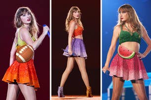 Three poses of Taylor Swift performing, wearing sequined outfits and holding a microphone in two