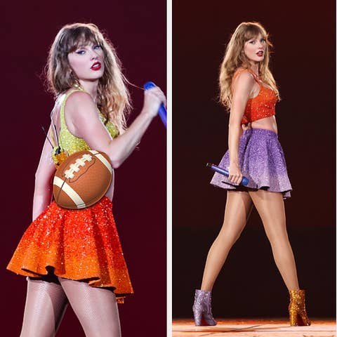 Three poses of Taylor Swift performing, wearing sequined outfits and holding a microphone in two