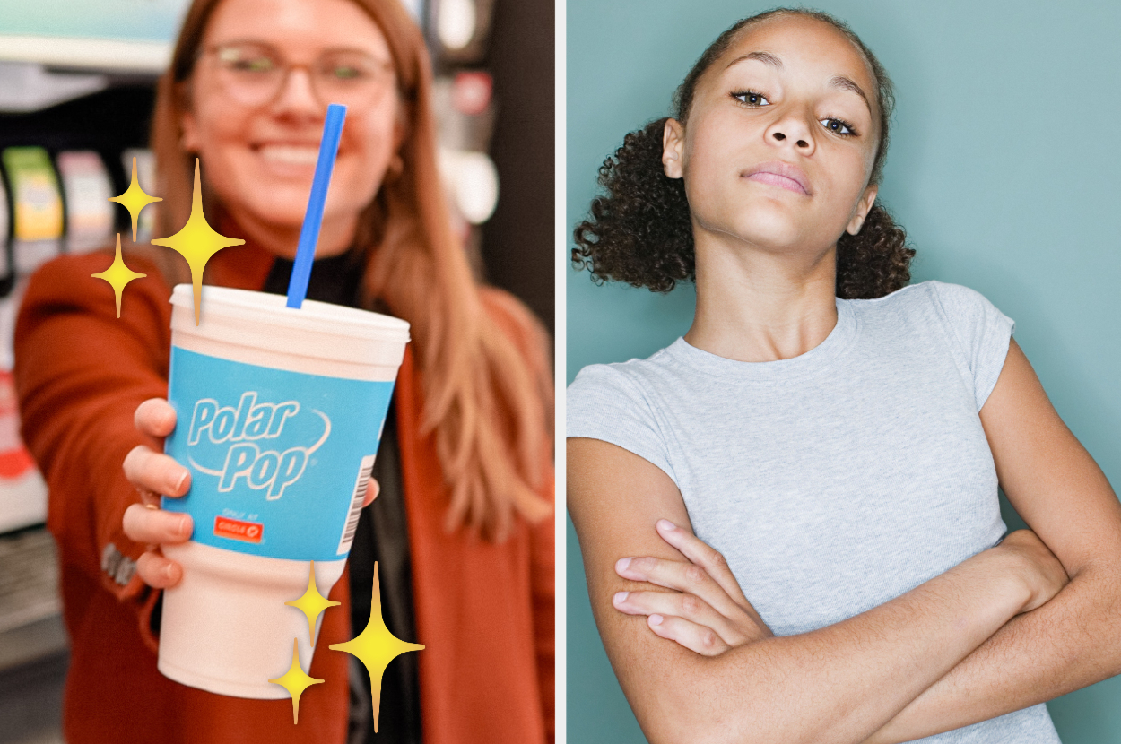 A smiling person holding a Polar Pop cup, and a person leaning against a wall with crossed arms