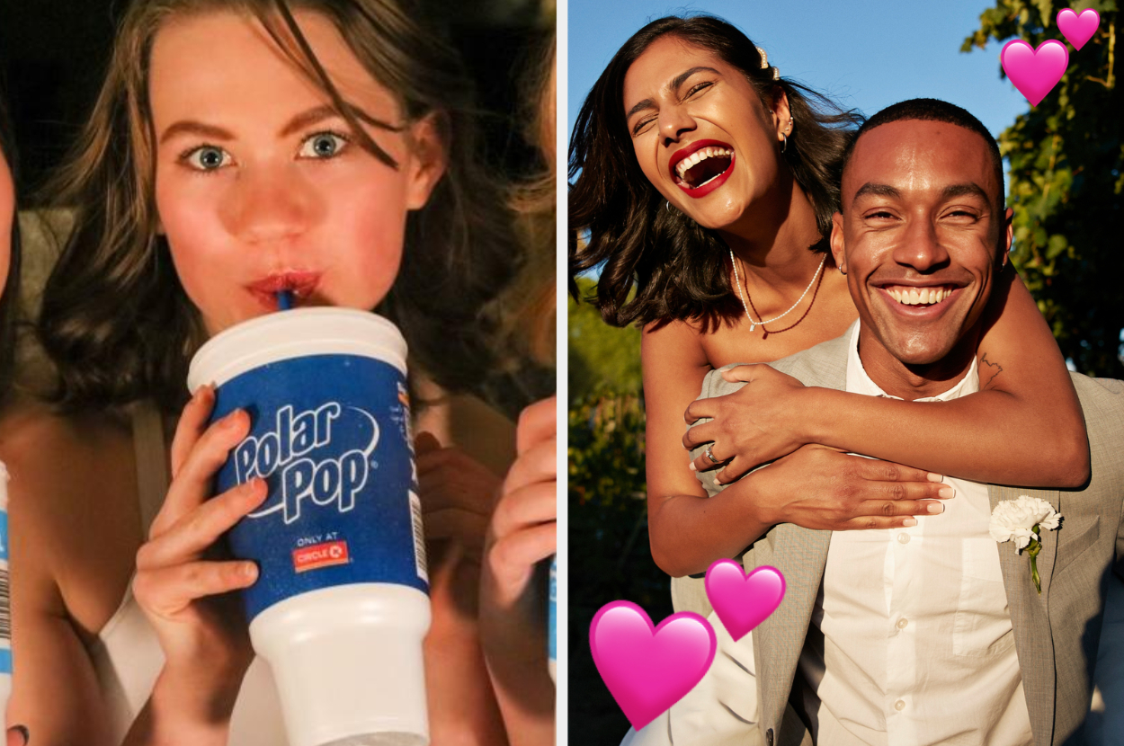Left: Person sipping from a Polar Pop cup; right: Couple smiling, embracing outdoors, love hearts above