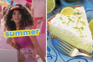 On the left, Alexandra Shipp in a chair on the beach as a Barbie in Barbie labeled summer, and on the right, a slice of key lime pie