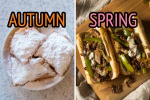 On the left, some beignets labeled autumn, and on the right, a Philly cheesesteak labeled autumn