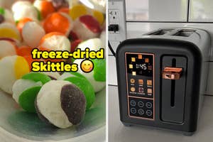 Assorted freeze-dried Skittles next to a modern black toaster with copper accents