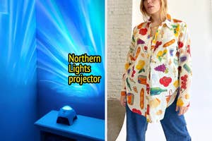 Image with two sections: Left shows a projector casting blue light patterns. Right displays a person in a vegetable-patterned oversized shirt