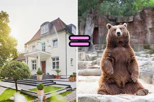 A house with a landscaped path and a bear standing on its hind legs against rocks