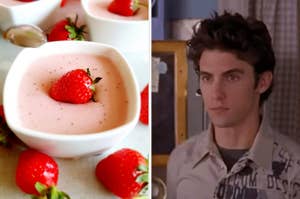 Bowl of strawberry soup beside fresh strawberries; actor in a scene with concerned expression, wearing a patterned shirt
