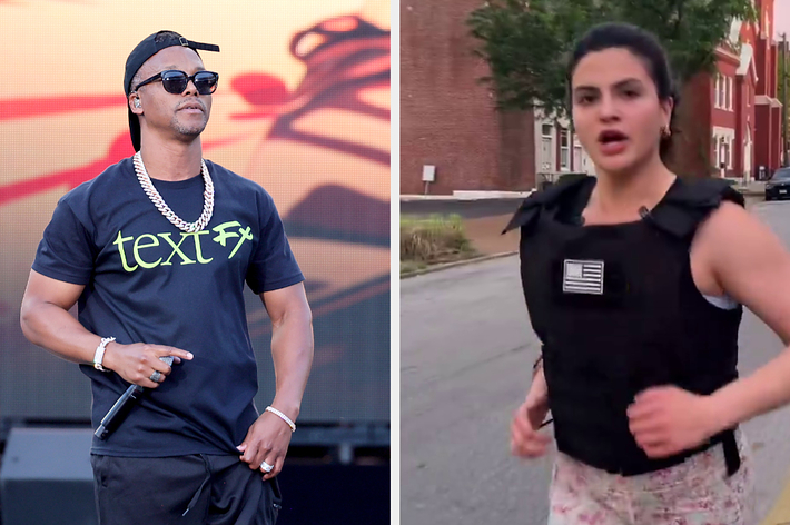Left: A rapper on stage wearing a graphic T-shirt and sunglasses. Right: A woman in a bulletproof vest jogging in a city setting