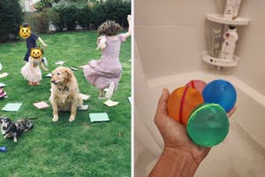 Child playing with dogs at a party; hand holding stackable bath toys