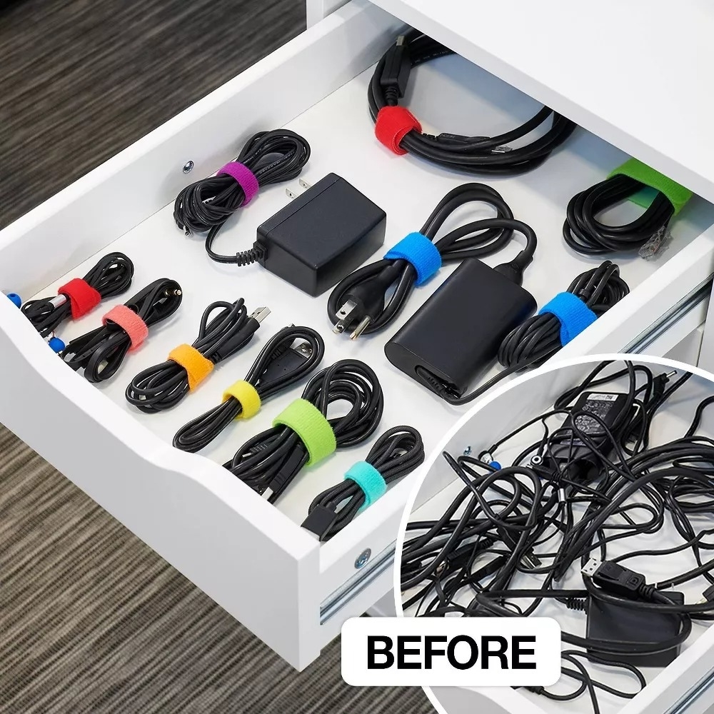 Drawer with unorganized cables compared to neatly arranged ones with cord organizers