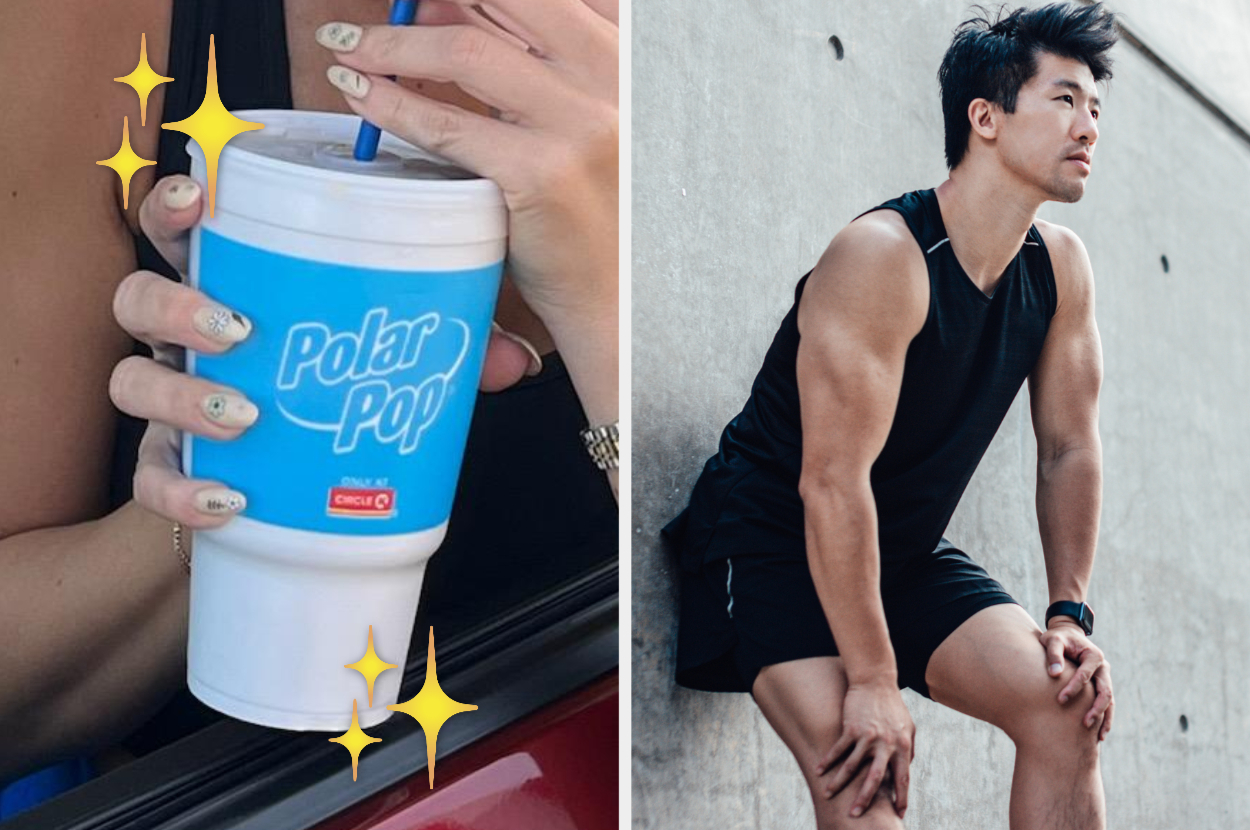 Person holding a Polar Pop cup with sparkles on left and person in athletic wear sitting on right
