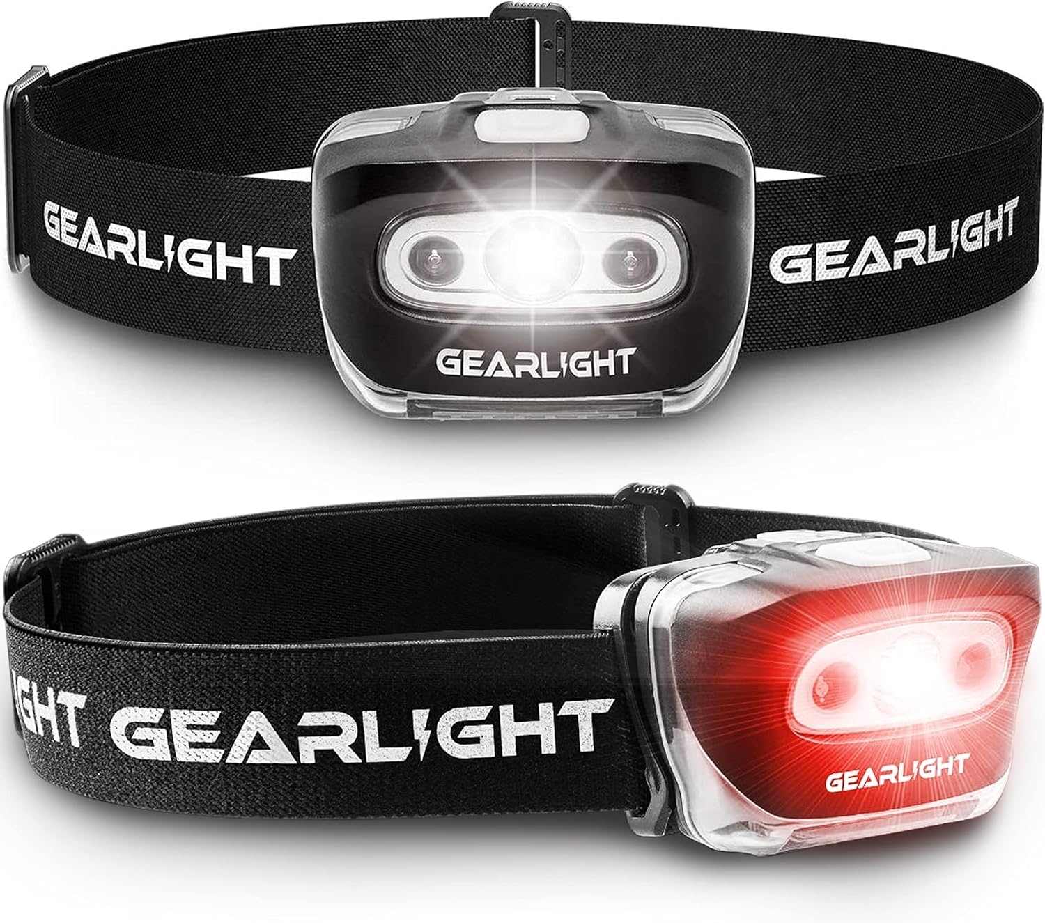Two GearLight headlamps with adjustable straps, one with a white light, one with a red light