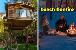 On the left, a tree house with a wooden staircase, and on the right, Ryan Gosling playing guitar for Margot Robbie on the beach as Ken and Barbie in Barbie labeled beach bonfire