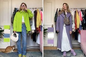 Two images side by side of a woman in different outfits: left with green jacket, jeans, and right with purple coat, white dress