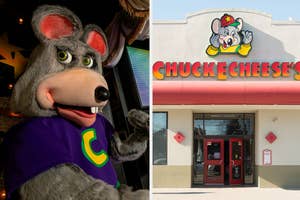 Person in a Chuck E. Cheese mascot costume; Chuck E. Cheese restaurant exterior