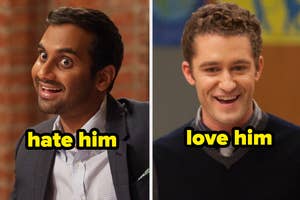 Split image of two men from TV shows with captions "hate him" on left and "love him" on right