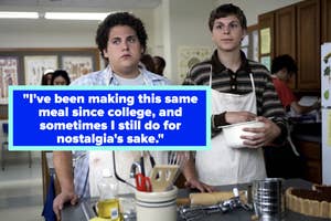 Two actors portraying characters in a kitchen with a quote about making a nostalgic meal