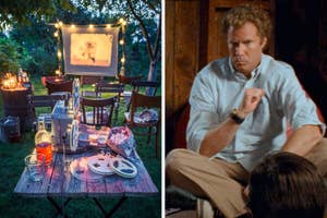 On the left, an outdoor movie setup, and on the right, Will Ferrell in a tree house as Brennan in Step Brothers