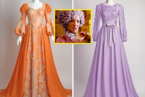 Two elegant dresses on mannequins and inset image of actress in costume, likely from a period drama