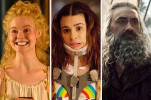 Three TV characters: a smiling woman in historical attire, a shocked woman in a quirky outfit, and a serious man with a long beard