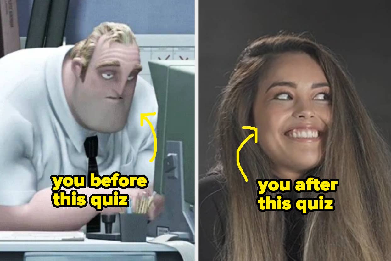 Two split images showing a person's transformation from stressed to happy labeled "you before this quiz" and "you after this quiz"