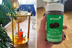 Hand holding a jar of Girl Scouts Thin Mints Seasoning Blend and a disco themed bar cart