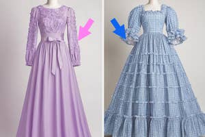 Two mannequins displaying historical dresses, one lilac with floral pattern, the other plaid with ruffles