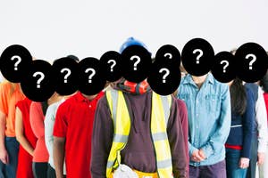 Group of diverse workers with question marks over their faces, illustrating job uncertainty