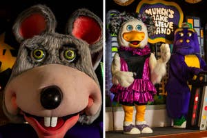 Two animatronic characters, a grey mouse and a purple character, at a children's entertainment venue
