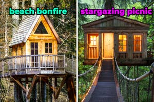 On the left, a vintage style tree house labeled beach bonfire, and on the right, a tree house with a bridge leading up to it labeled stargazing picnic
