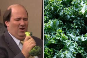 Split image: Left - Kevin from The Office biting into broccoli; Right - Close-up of kale