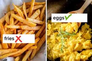A split image with seasoned fries on the left and scrambled eggs garnished with herbs on the right