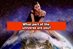 Woman sitting on an illustration of Earth with text "What part of the universe are you?"